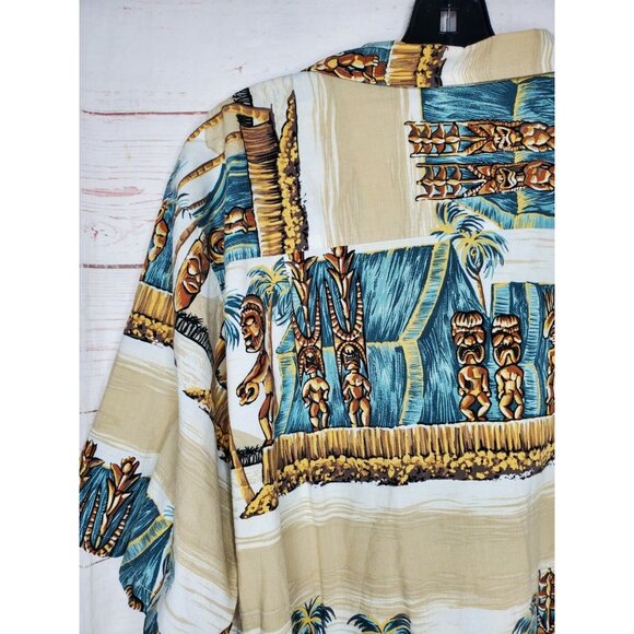 Rare Vintage Kalaheo XL Hawaiian Shirt – Tan Tiki Statue Graphic Short Sleeve - Picture 7 of 12